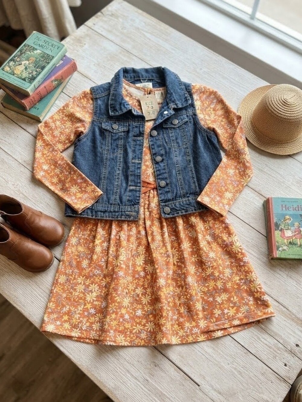 Joie Versatile Girls Floral w Denim Vest Long Sleeve 2-Piece Dress Set Size 7-8